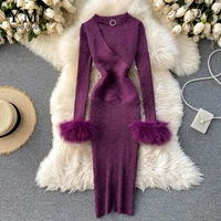 yuoomuoo good quality luxury shining knitted women dress sexy hollow out v neck halter bodycon party dress fashion purple dress