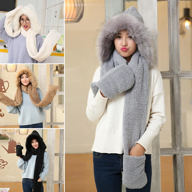 

Теплый плюшевый толстый шерстяной воротник, защита для ушей, женская меховая шапка, шарф, перчатки, однотонный комплект из лисьего меха, пуш...