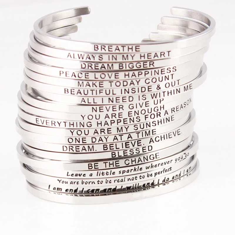 

Dropship Stainless Steel 19 Styles Bangle Engraved Positive Inspirational Quote Hand Stamped Cuff Mantra Bracelets For Men Women