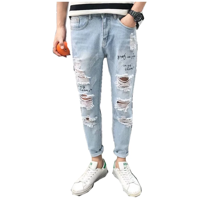 Brand Jeans Men New Men's Slim Elastic Hole Jeans Fashion Business Classic Style Stretch Ripped Jeans Streetwear Pants Trousers