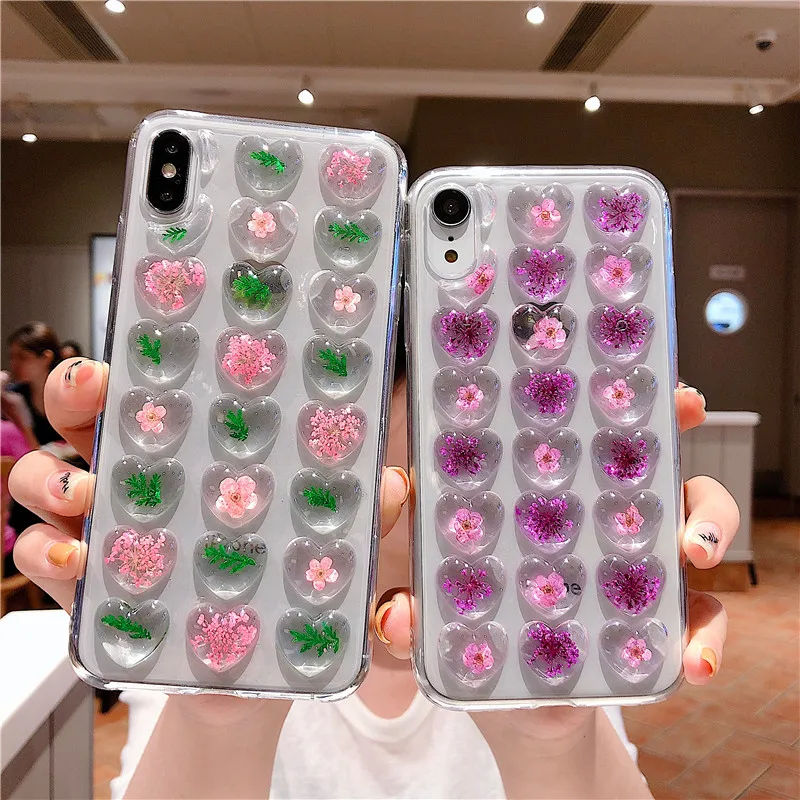 3D Любовь Сердце цветок чехол для iPhone X Xs Xsmax Xr Блестящий Прозрачный цветочный 7 8plus