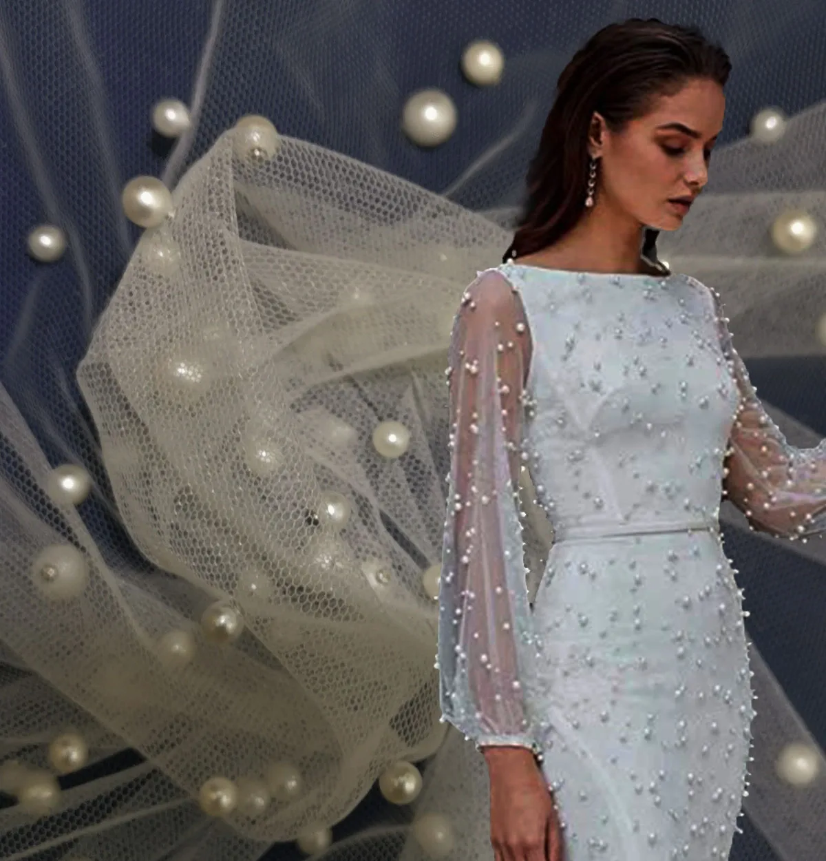 

Популярная женская жемчужная белая Тюлевая кружевная ткань с бусинами для изготовления юбки для девочки, сетка, пушистое платье, материал д...