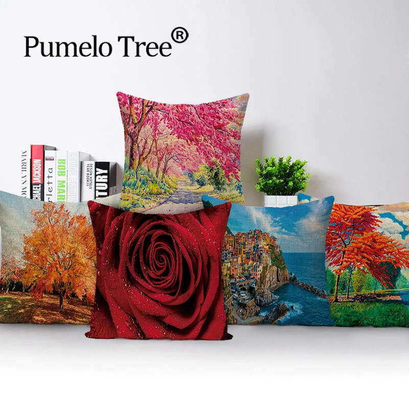 

Landscape Pillowcase Flowers Pillow Cover Leaf Home Decor Cushion Cover Print Pillow Cases 45x45cm Pillow Case Sofa Decoration