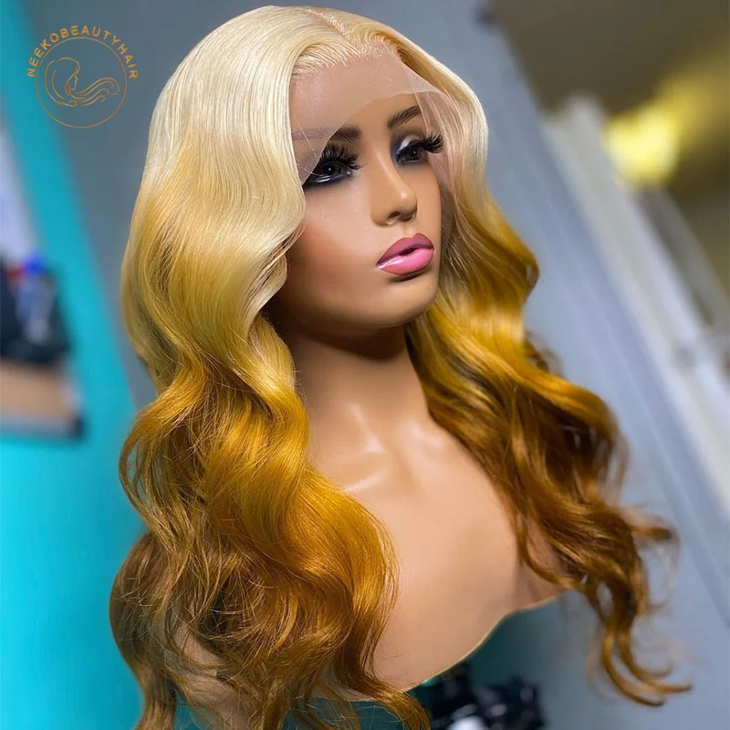 Парик Омбре из светлого желтого цвета на сетке спереди волнистые волосы 13x4