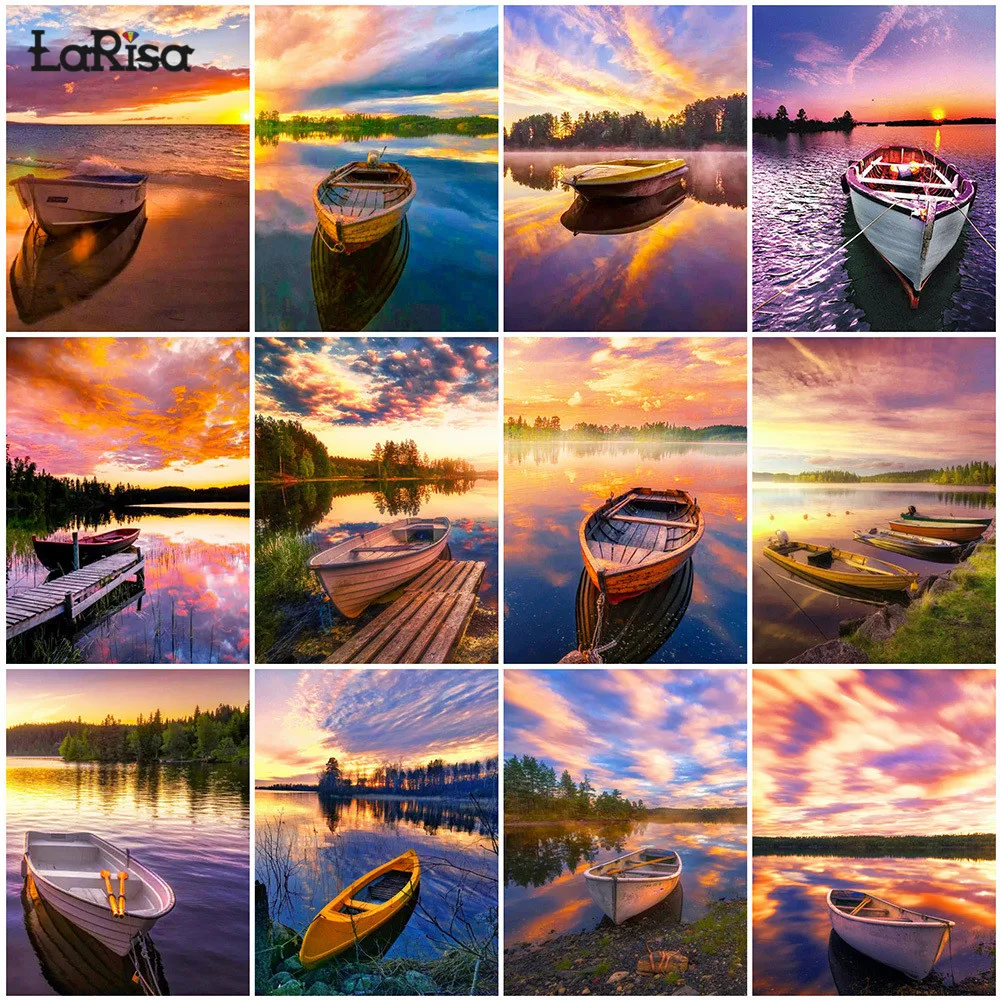 

Boat 5D DIY Diamond Cross Stitch Kit Full Square Round Resin Diamond Painting Diamond Embroidery Sunset Landscape Art Picture