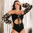 Слитный купальник с длинным рукавом 2021, женская одежда для плавания, купальный костюм с цветочным принтом, купальный костюм с высоким вырезом в стиле ретро