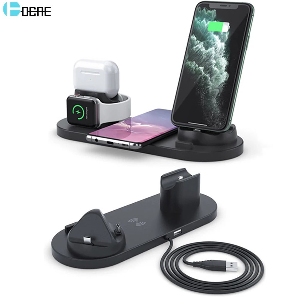 

10 Вт Беспроводное зарядное устройство док-станция 6 в 1 для Iphone 14 13 12 11 XR Airpods Pro Type C USB подставка Быстрая зарядка для Apple Watch 8