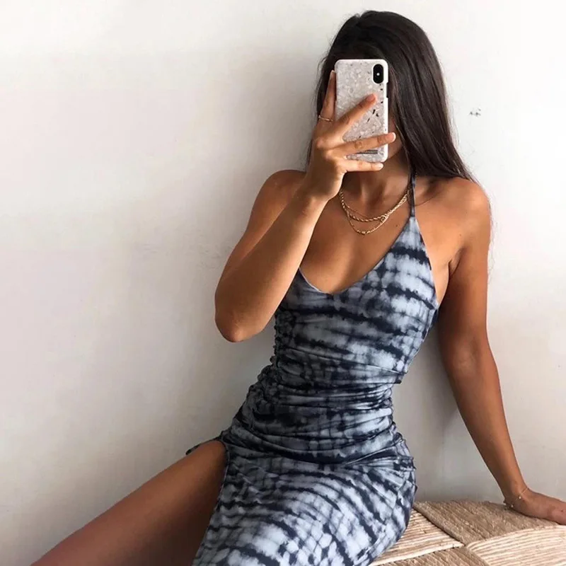 Летнее сексуальное платье без бретелек с низким вырезом на спине облегающее