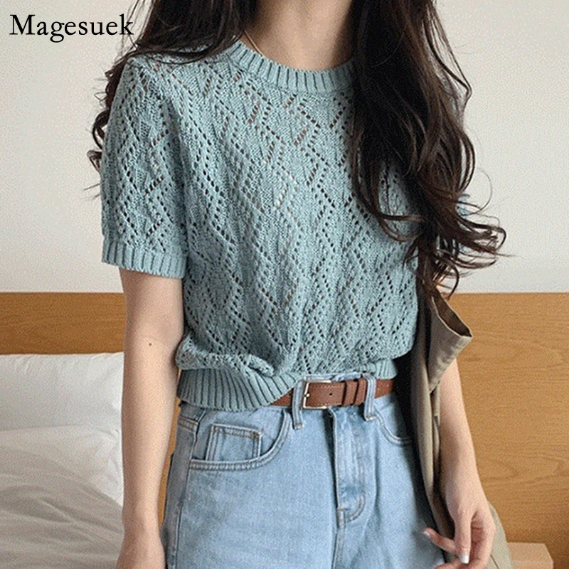 

2021 Summer Solid Blouse Women Short Sleeve Hollow Out Knitted Casual Tops Blouses Ladies O Neck Thin Loose Female Shirts 8788