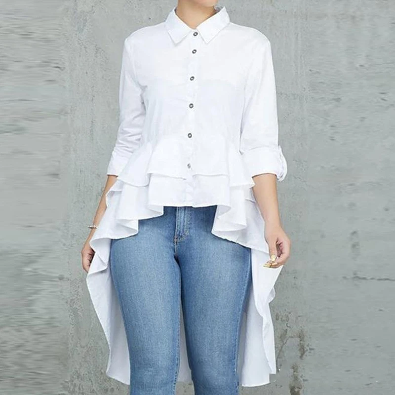 Женская рубашка с оборками длинными рукавами высокая низкая Асимметричная Длина