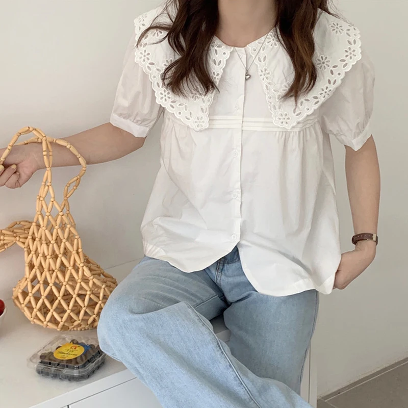 

KUSAHIKI Summer Sweet Puff Sleeve Womens Tops Korean Embroidery Hollow-out Peter Pan Collar Blouse Shirt Camisas De Mujer 6H742