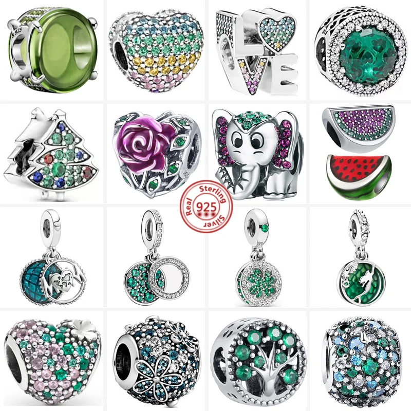 

Женские бусины-шармы Pandora, бусины-шармы из серебра 2022 пробы с зеленым прозрачным цирконом, цветком, деревом, любовным сердцем, подходят для б...