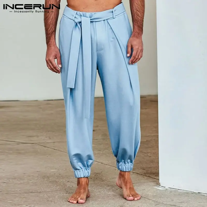

INCERUN однотонные мужские повседневные брюки на шнуровке, джоггеры, свободные уличные брюки с карманами для мужчин 2021, повседневные брюки для ...