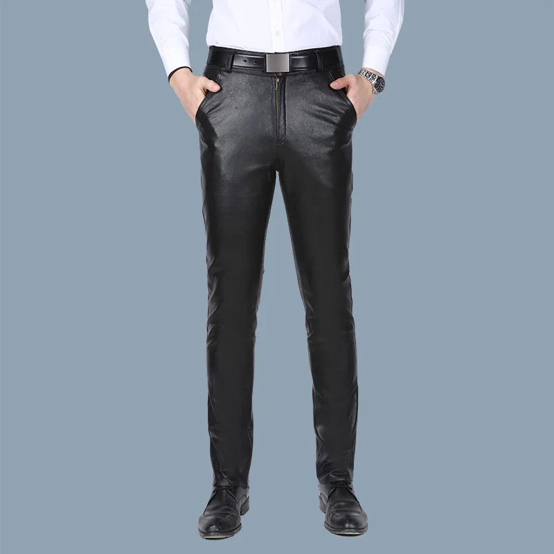 Brand Spring Autumn Men Genuine Leather Pants Pants Smart Casual Black Vintage Male Real Sheepskin Leather Trousers Plus Size