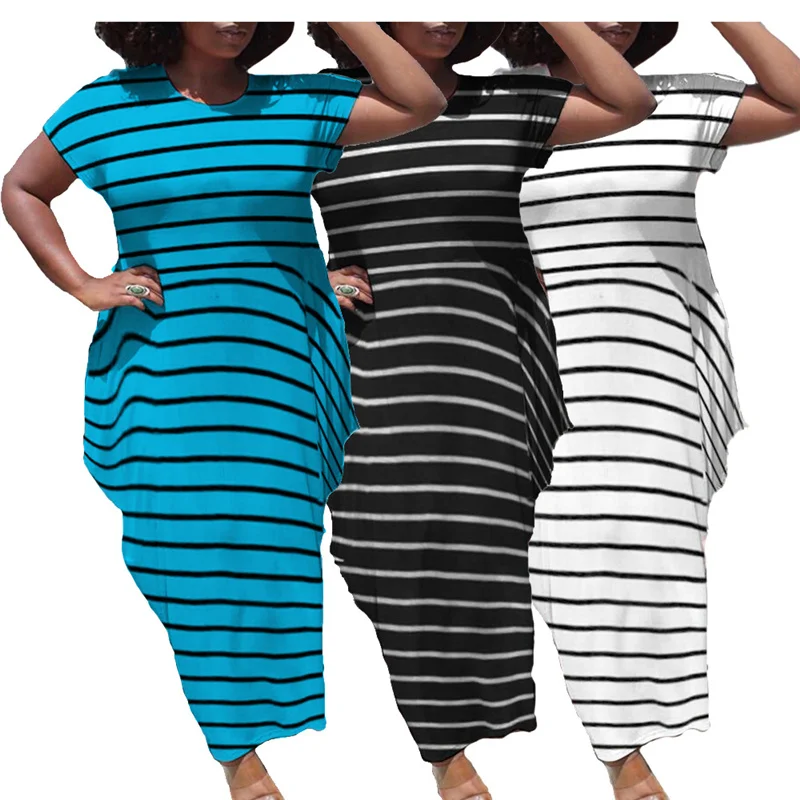

5x Plus Size Clothing for Women Dresses O-neck Loose Beach Dress T Shirt Stripe Large Size Long Dress Wholesale Dropshipping