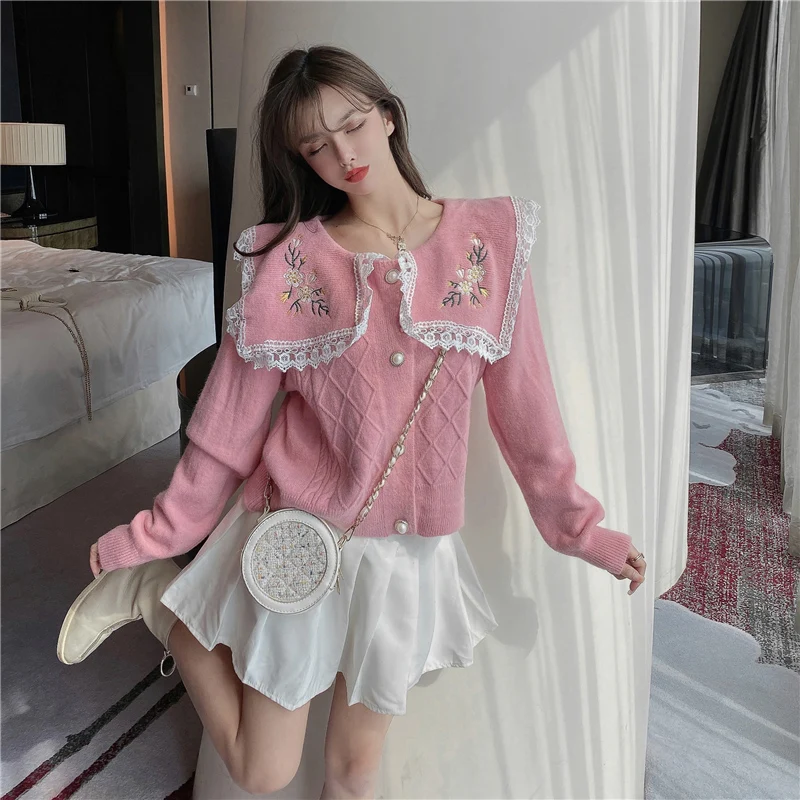 

Женский вязаный свитер с воротником-куклой, свободный однобортный Кардиган с длинным рукавом и французским принтом, свитер на осень-зиму 2021