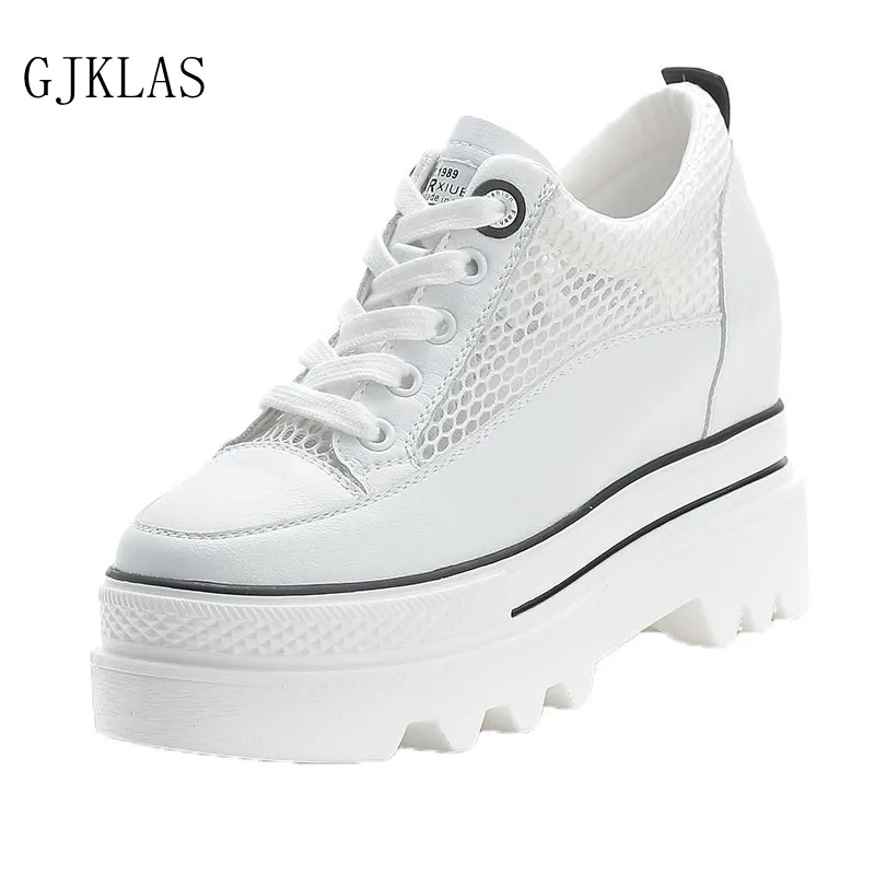

Mesh Genuine Leather Shoes for Women Hidden Heel White Wedges Shoes Women's Platform Sneakers Fashion Vulcanized Shoes Sneaker