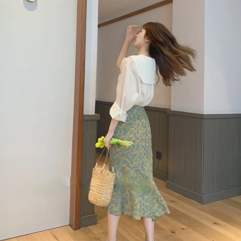 Женский комплект из юбки и однотонная плиссированная рубашка с длинным рукавом