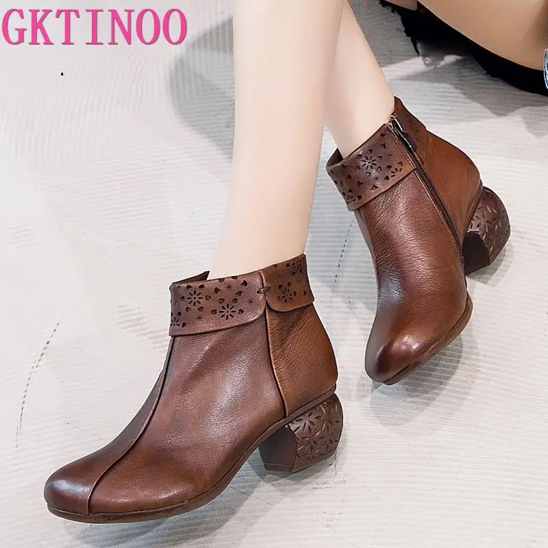 Женские ботинки ручной работы GKTINOO ботильоны из натуральной кожи в стиле ретро