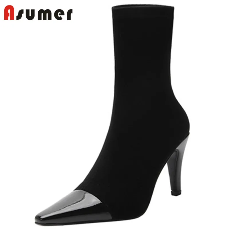

Asumer 2022 Hot Sale Patent Leather Stretch Boots Slip On Square Toe Autumn Winter Sexy Thin High Heels Ankle Boots Women