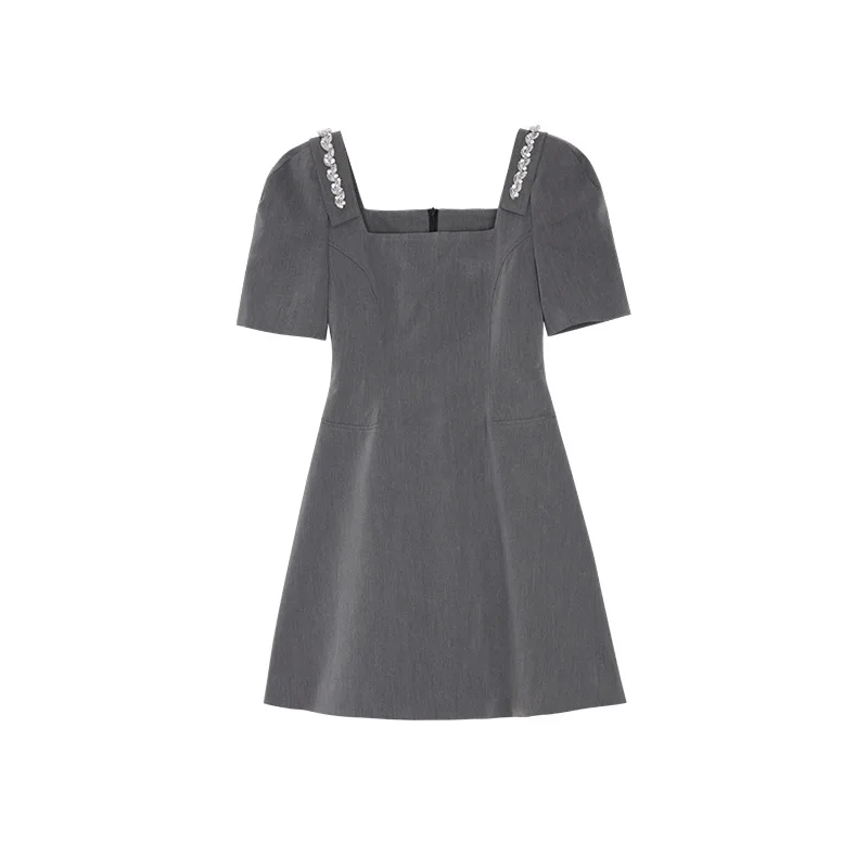 

2021 Summer Dresses for Women Mini A-Line Solid Grey Square Collar Short Sleeve Diamonds Vintage Robes Vestidos Korean Clothes