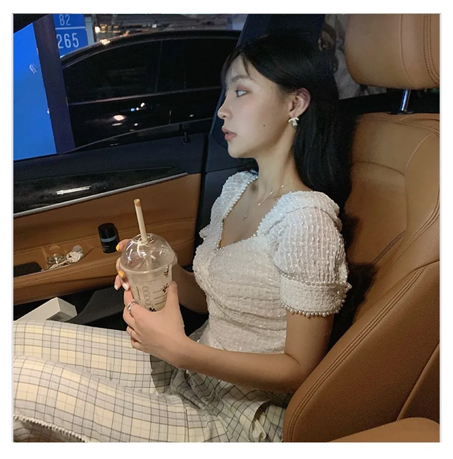 Женские винтажные блузки с жемчугом квадратным вырезом и кружевом | Женская