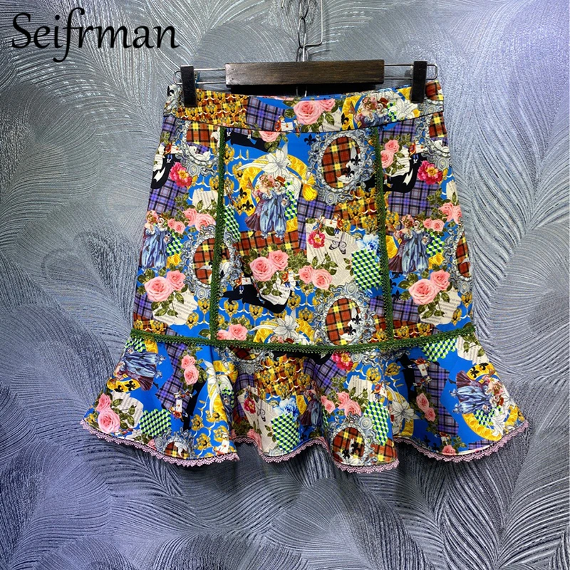 

Seifrmann Summer Women Fashion DesignerSkirts Set Lace Ruffles Loose Blouses + High Waist Mermaid Skirts 2 TwoPiecesSuits