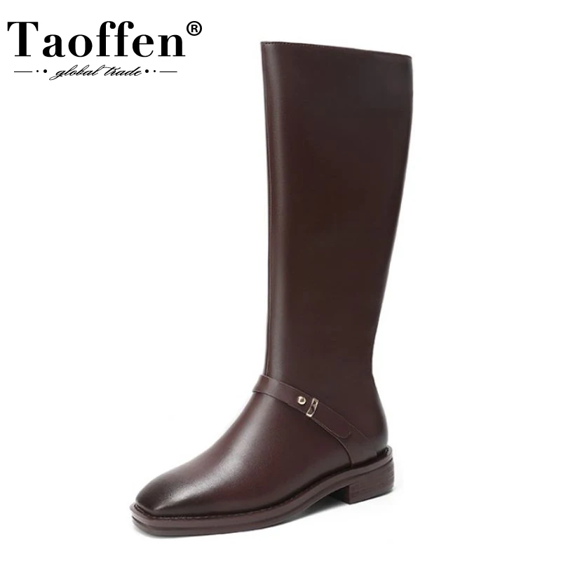 

Taoffen Real Leather Women Knee Boots Flats Square Toe Zipper Shoes Buckle Warm Boots Fashion Women Party Footwear Size 35-43
