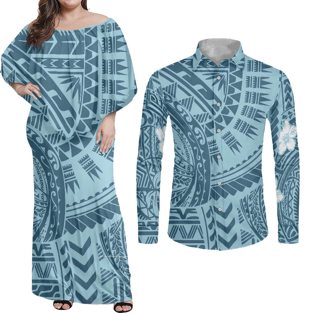 

Hycool Fashion 2pcs Couples Matching Clothes Samoan Tribal Tattoos Print Couple Suits Bodycon Dress & Royal Blue Dress Shirt Men