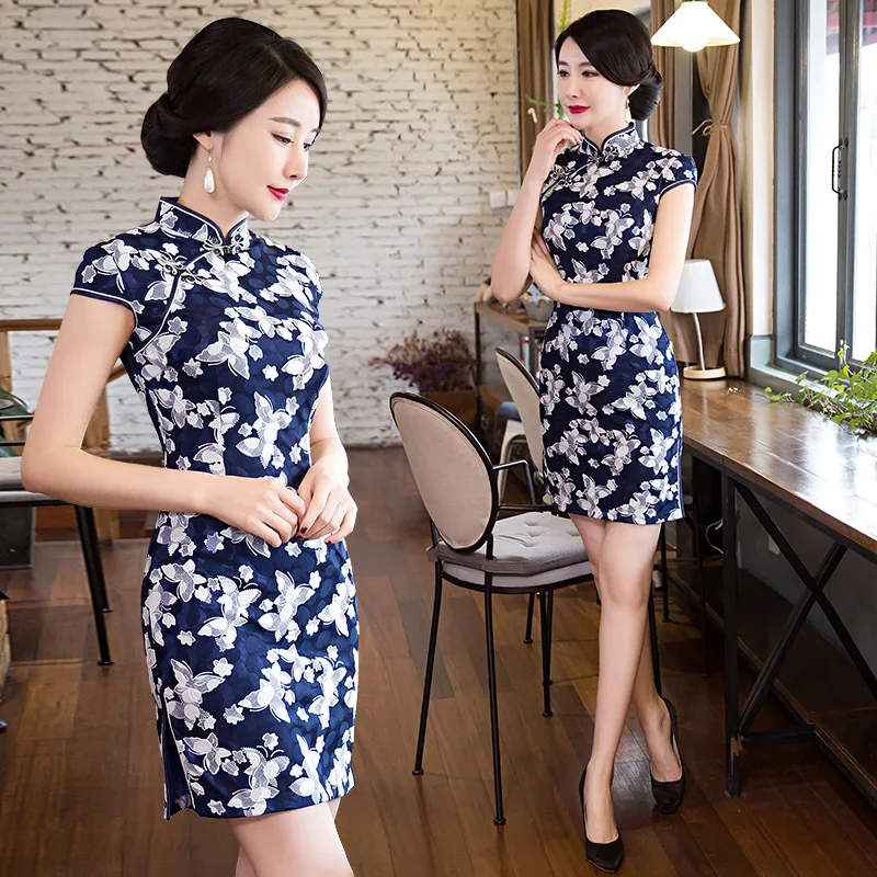 Sheng Coco темно синее кружевное короткое Qipao женское Повседневное платье Чонсам с
