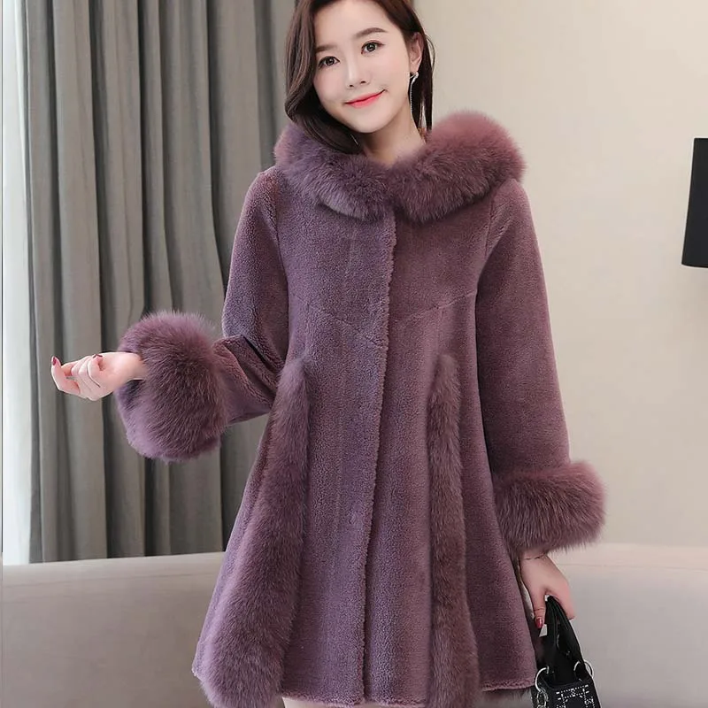 Stunning Grape Real Sheep Fur Coats Hooded Slim Cashmere Middle Length Fox Hair Collar A-line Winter Warm Elegant Women Overcoat
