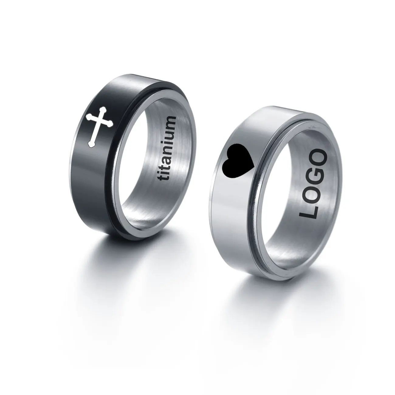 

Personalized Custom 8MM Stainless Steel Rotatable Carved Cross, Heart-shaped Men’s And Women’s Couple Rings, Religious Jewelry