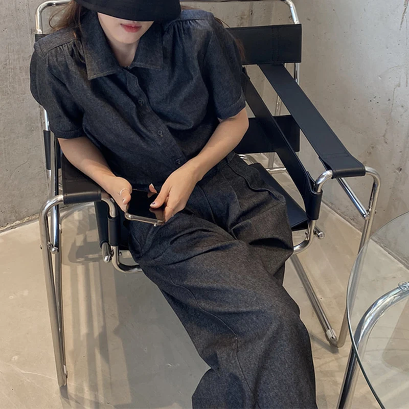 

Sister Fara Summer Single Breasted Loose Shirt Women's Suit+High Waist Fashion Wide Leg Pants Female Solid Casual 2 Piece Set