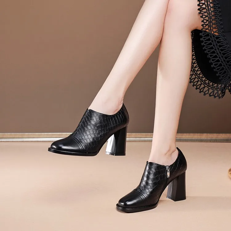 

GPOKHDS 2021 Women Pumps Soft Cow leather Autumn Spring Zippers Checkered Black Color Square Heel Round toe High Heels Pumps