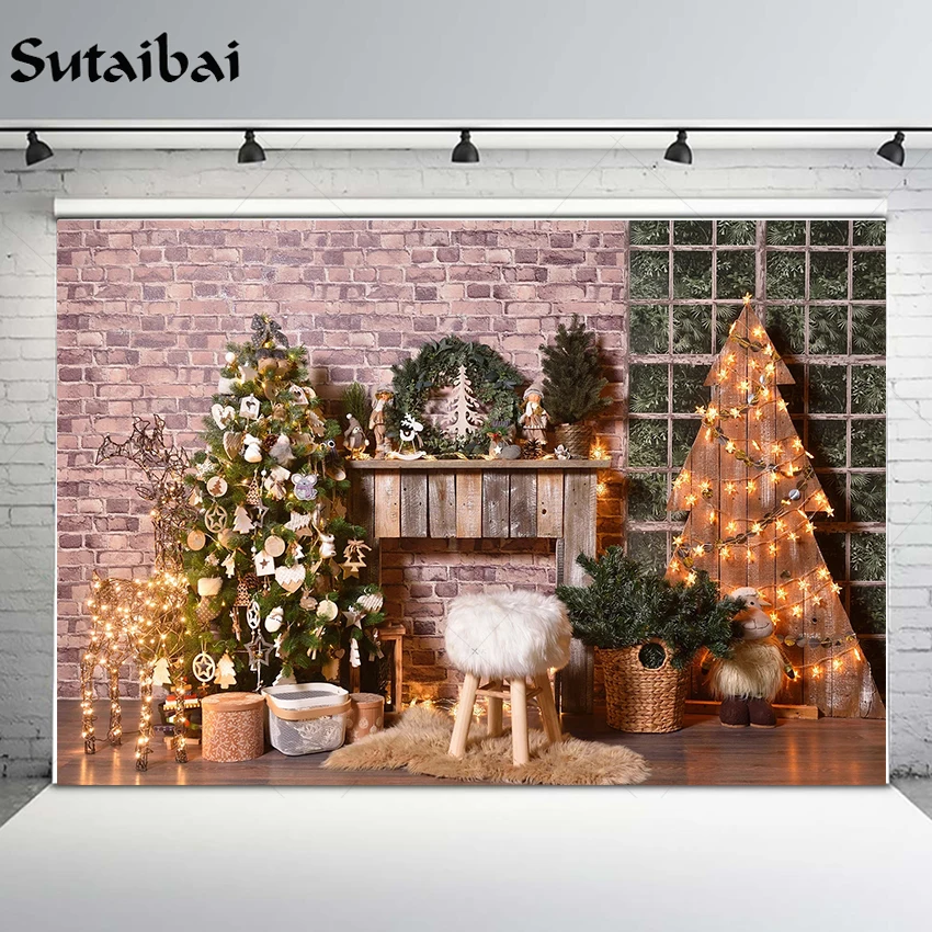 

Photography Background Christmas Tree Wreaths Fireplace Vintage Brick Wall Kids Birthday Party Backdrop Photocall Photo Studio