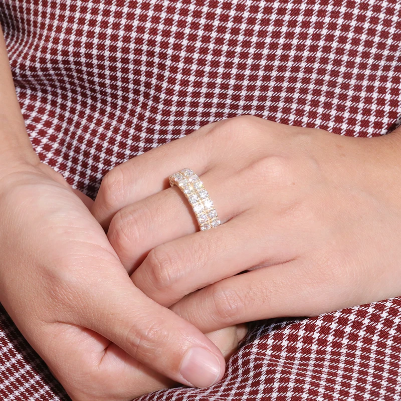 

3mm Round Cut 14k Yellow Gold Full Eternity Double Layer Moissanite Diamond Ring Original Dazzling Jewelry For Girl For Women