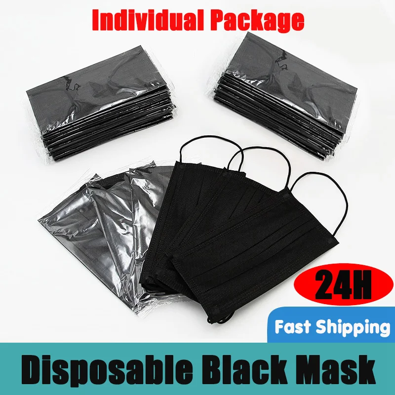 

10/50/100pcs Disposable Adult Mask 3-layer Non-woven Meltblown Mask Independent Packaging Individually Black Face Mouth Masks