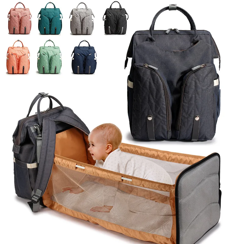 2021 New 2 in 1 Multifunctional High Capacity Folding Baby Mommy Backpacks Fashion Portable Crib Nappy Bags Diaper Bag