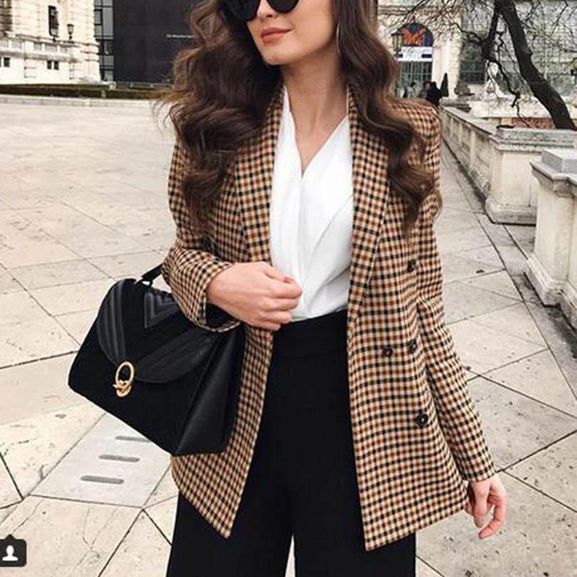 

Fashion Autumn Women Plaid Blazers and Jackets Work Office Lady Suit Slim Double Breasted Business Female Blazer Coat Talever