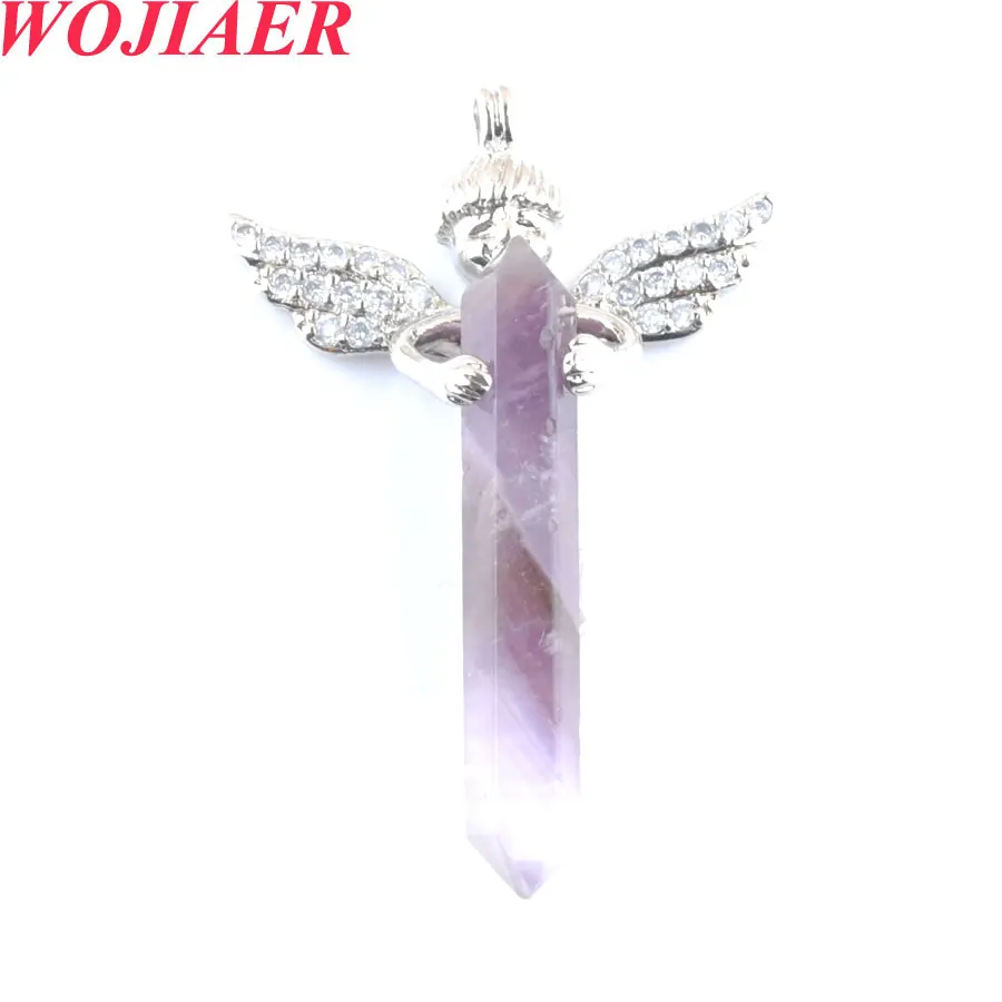 

WOJIAER Natural Stones Long Sword Hexagonal Prism Cupid Angel Wings Pendants for Necklaces Amethysts Women Jewelry PO9051