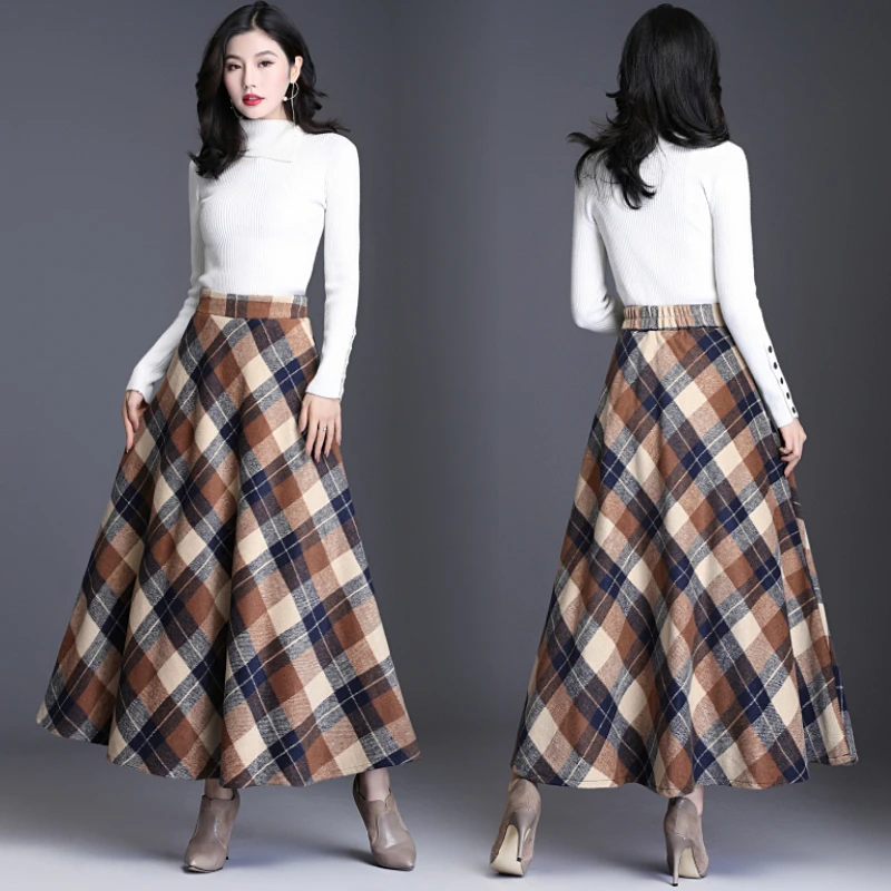 

Skirt Womens 2021 Autumn Winter Plus Size3XL Elegant Korean Style Fashion Plaid Tall Waist Long Clothing Thickening