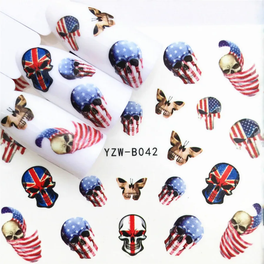 LOLEDE 5 лист флаг и череп наклейки на ногти Цветок Наклейка слайдеры дизайн ногтей