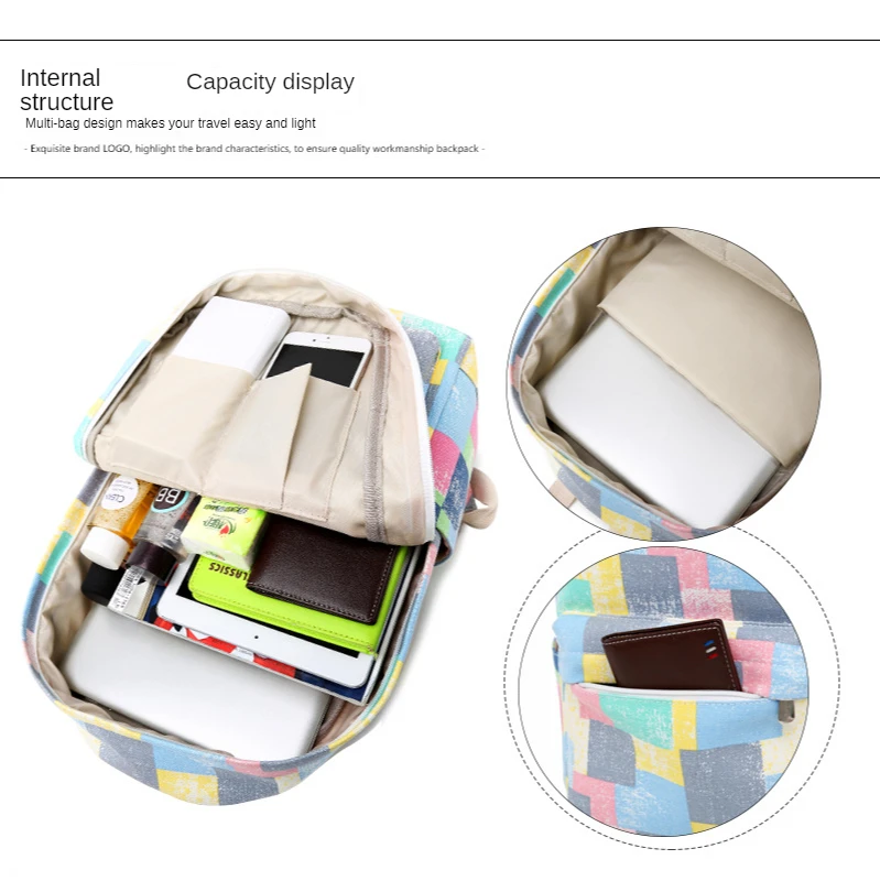 Canvas Backpack Retro Old Color Printing Color Contrast Backpack Female Middle School Student Korean Style Fresh Schoolbag