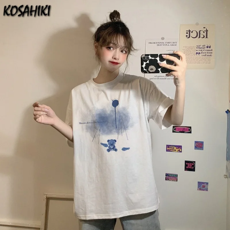 

KOSAHIKI Korean Style Graphic T Shirts Women Fashion 2021 Harajuku Bear Print Tshirt Women Short Sleeve Loose T Shirt for Women