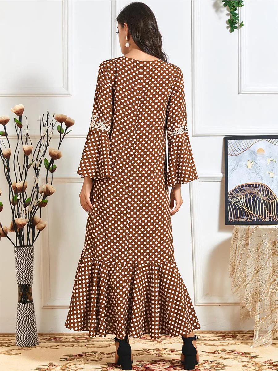 

women dot printed maxi dress plus size flare full sleeve arabic ramadan abaya EID kaftan robe dubai islamic Judaic gown
