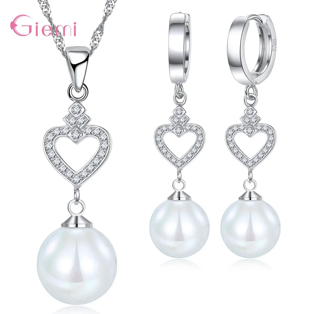 

Sweet 925 Sterling Silver Hollow Zirconia Heart Earring Necklace Jewelry Kits Trendy Rhinestone Wedding Party Ornament for Women