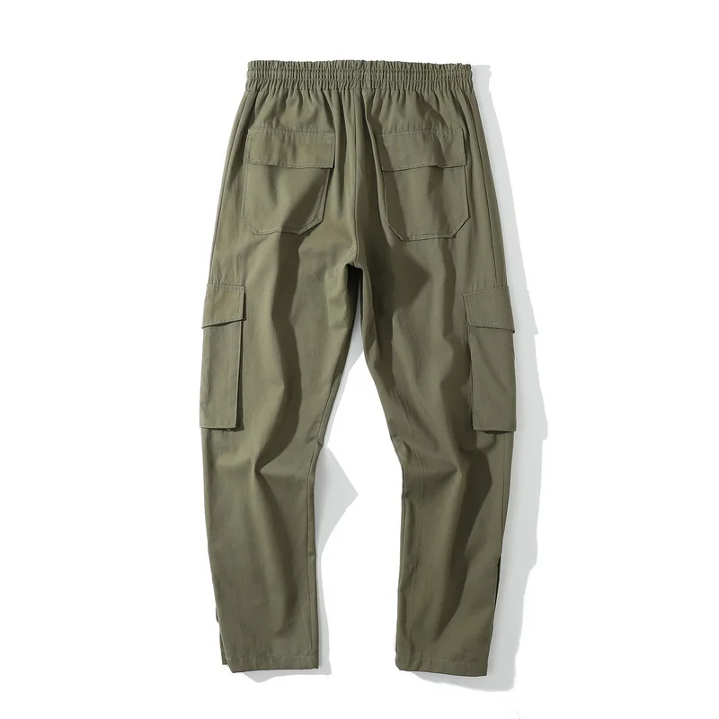 

High Street Multi-pockets Casual Trousers for Men Side Breasted Drawstring Cargo Pants Harajuku Solid Loose Pants