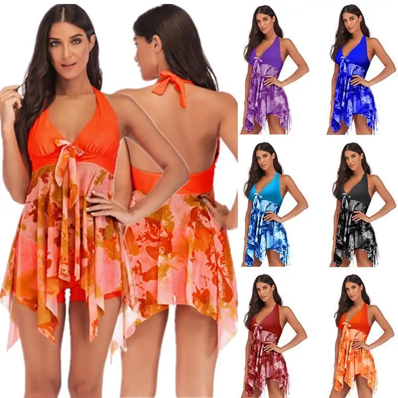 

2pcs Women Halter Color Printing Swimming Dress Floral Swimwear Irregular Hem Bikini Swimsuit