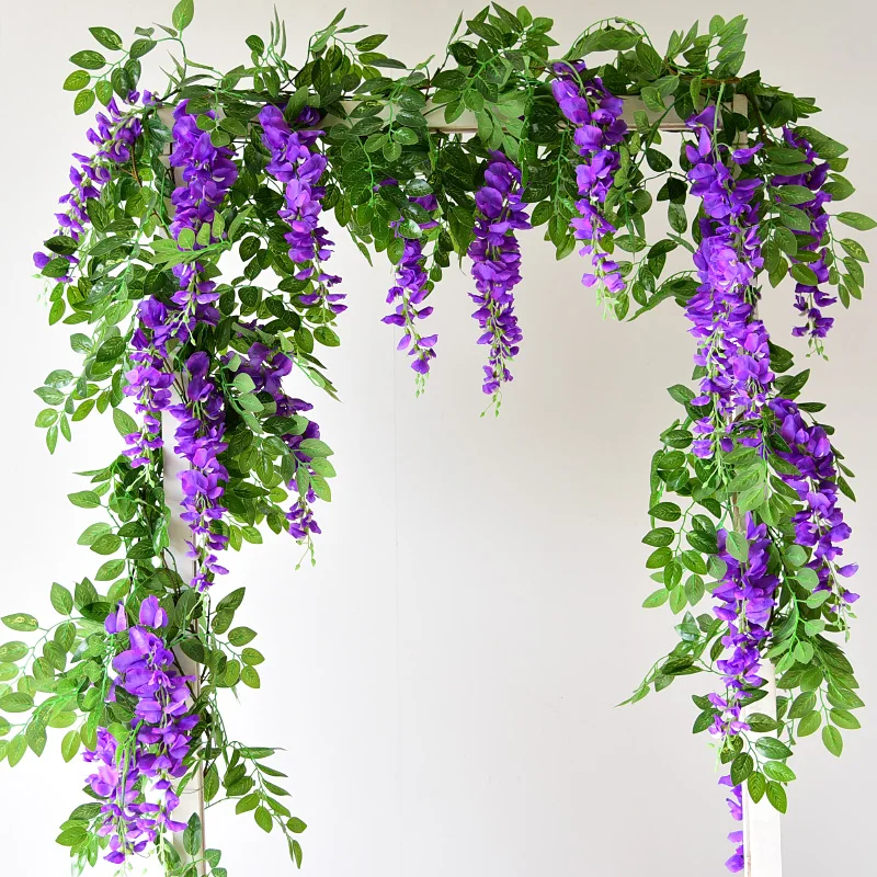 

Hot 2M Wisteria Artificial Flower Vine Wreath Wedding Arch Decoration Fake Plant Leaf Rattan Trailing Fake Flower Ivy Wall