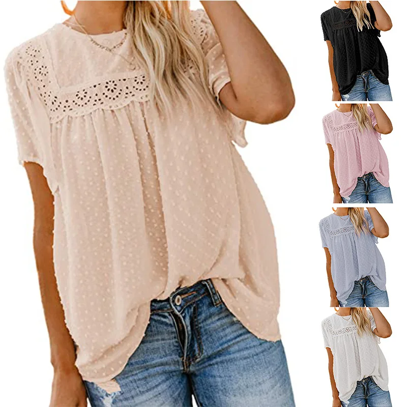 

Summer New 2021 Women O-neck Sexy Lace Crochet Chiffon Vest Shirts Ladies Short Sleeve Hollow Out Loose Tank Tops Blouse Shirts